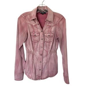 Guess Wms Small LS  Distressed Snap Front Pink Shirt Jacket Cinch Waist Grunge